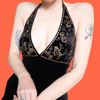 Chic black stretch sequin detail evening dress UK 10