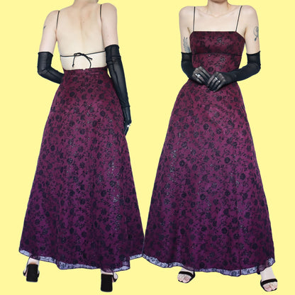 Burgundy glittery floral a line prom dress UK 10