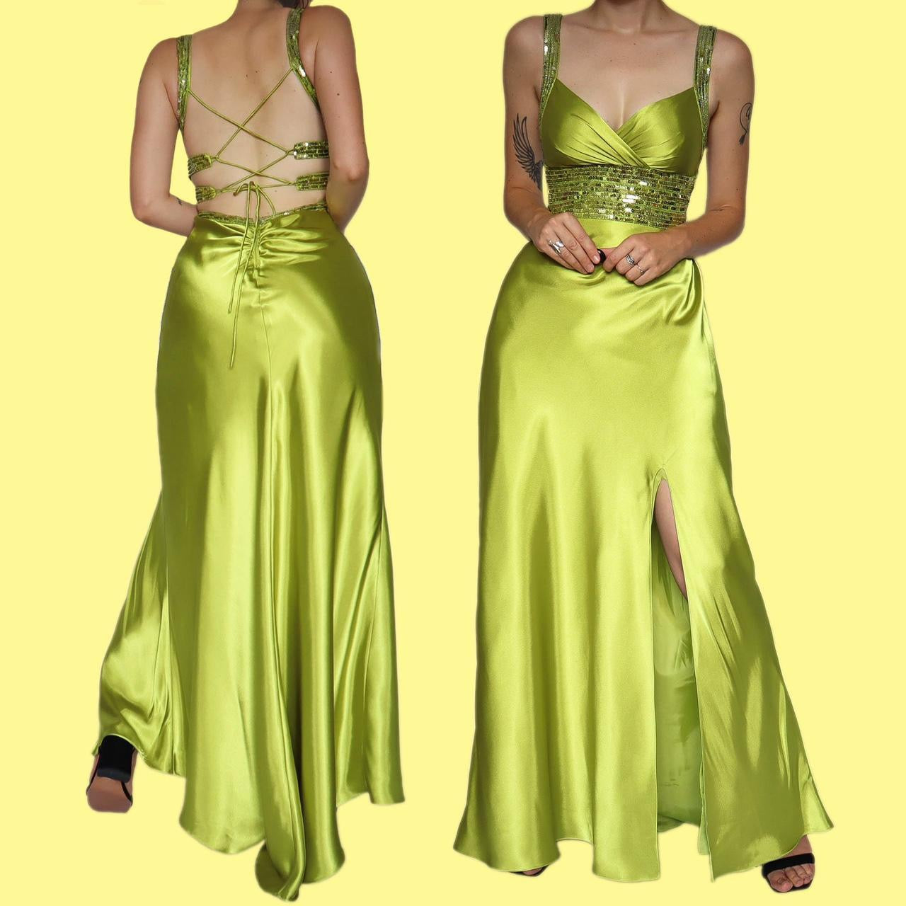 Green satin sequin evening prom dress UK 10