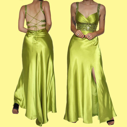 Green satin sequin evening prom dress UK 10
