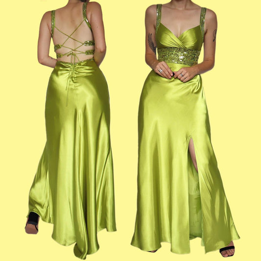 Green satin sequin evening prom dress UK 10