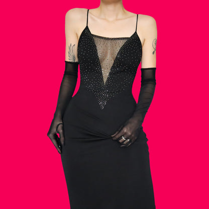 Black stretch low cut gem evening dress UK 10