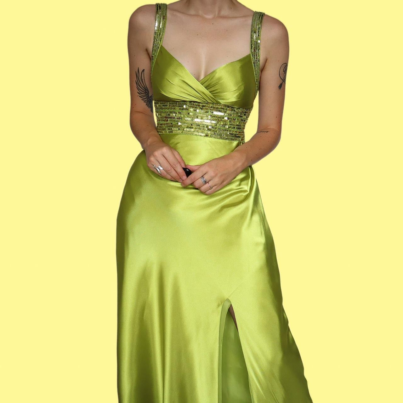 Green satin sequin evening prom dress UK 10