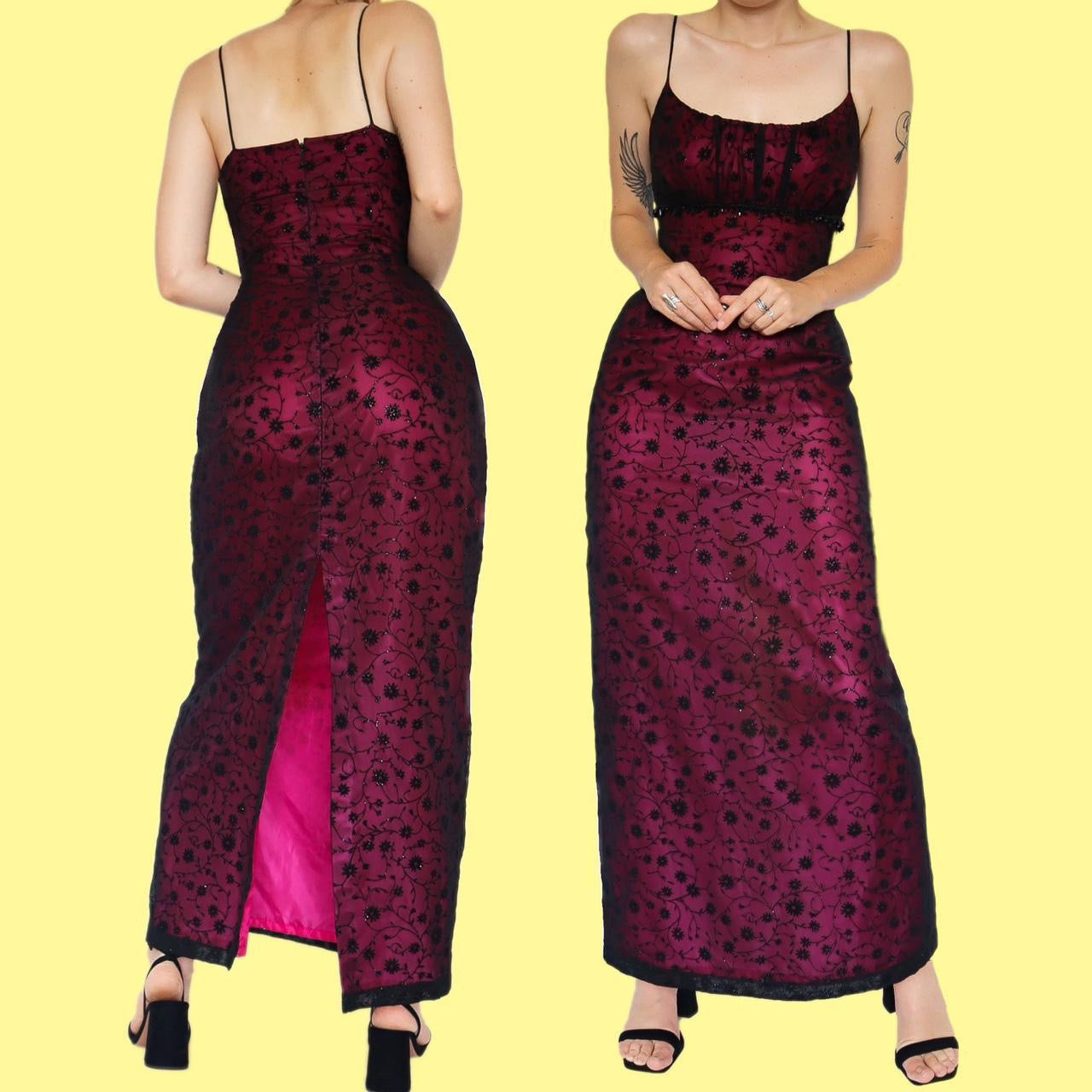 Pink & black glittery floral evening dress UK 14