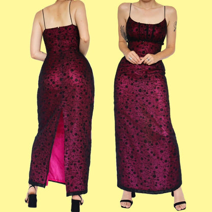 Pink & black glittery floral evening dress UK 14