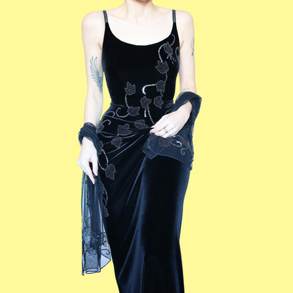 Black velvet evening dress & matching shawl UK 12