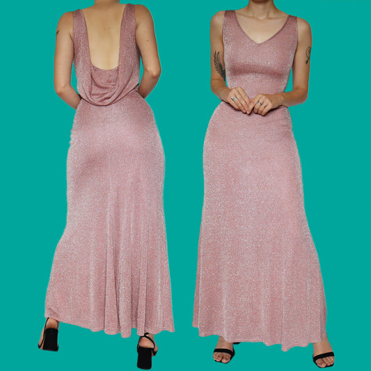 Pink glitter stretch low back evening dress UK 14