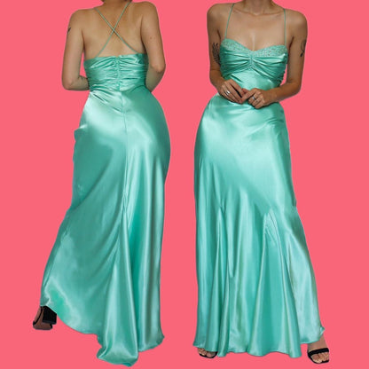 Aqua satin beaded evening dress UK 12