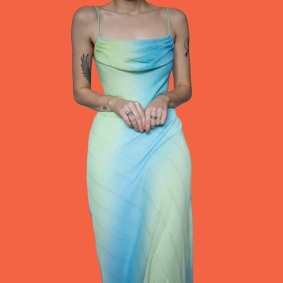 Green & blue glittery slip evening dress UK 12