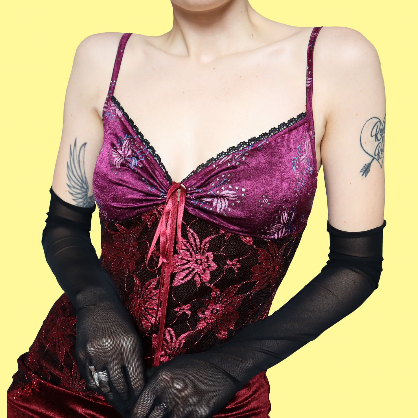 Patchwork lace & velvet slip dress UK S