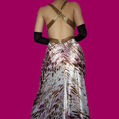 Silky print beaded evening dress UK 10