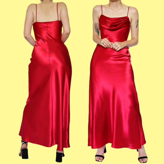 Red satin slip evening dress UK 8