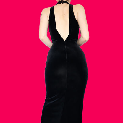 Black velvet low cut evening dress UK 10-12