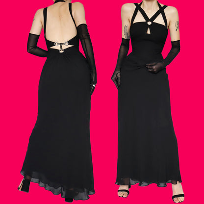 Chic black open back evening dress UK 10