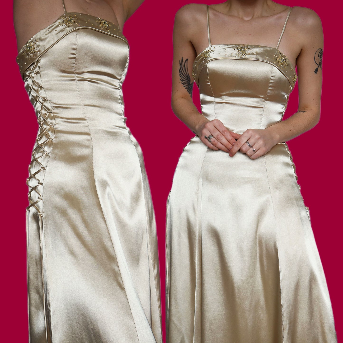 Beautiful silky gold lace up evening dress UK 8