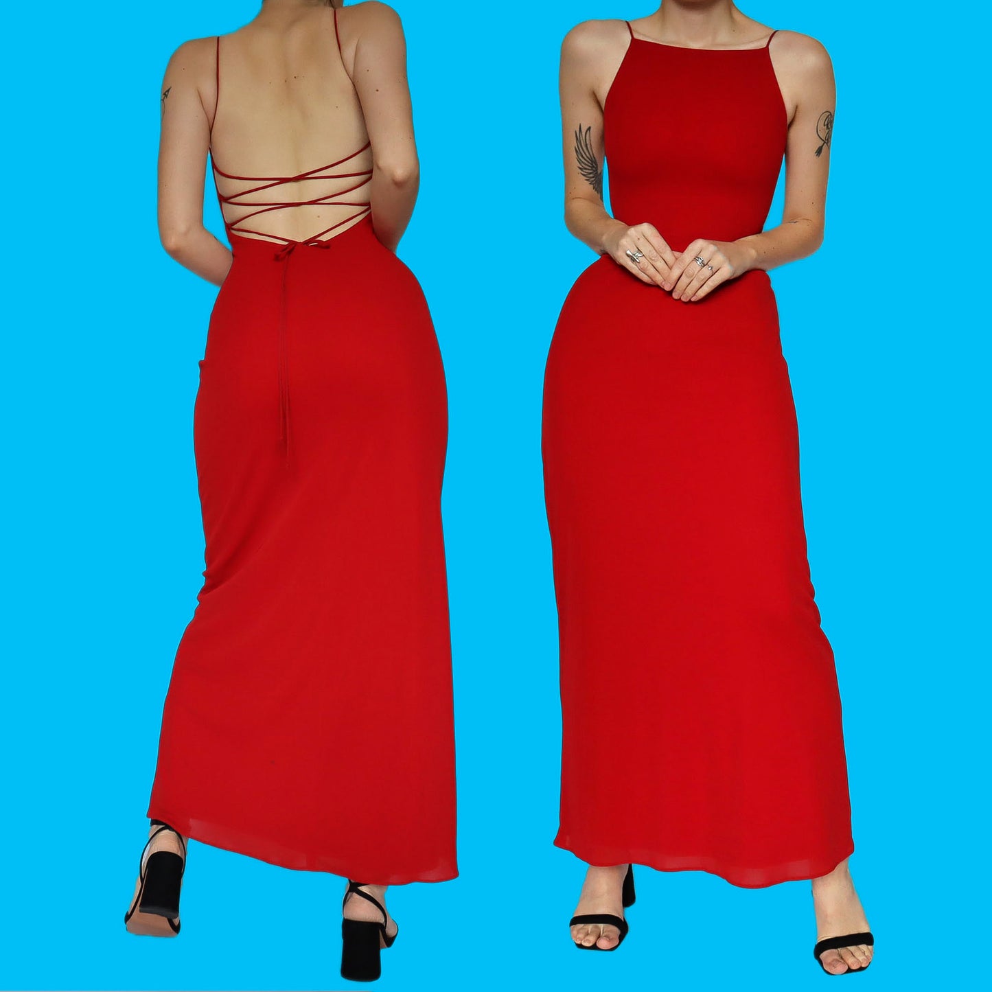 Red stretch lace up back evening dress UK 10