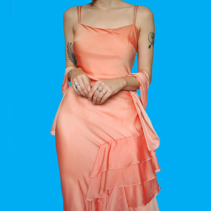 Beautiful peach chiffon frilly evening dress with shawl UK 10