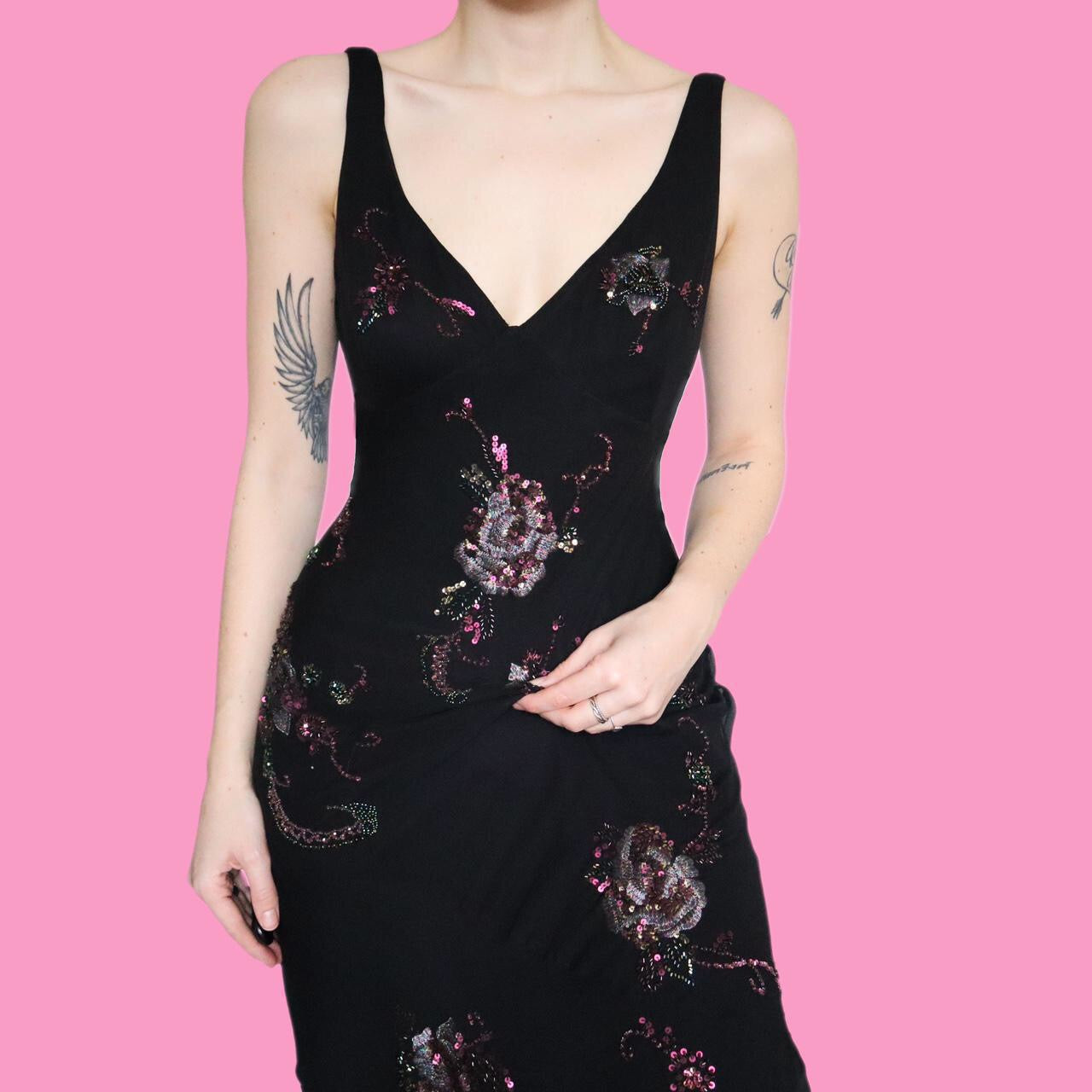 Beautiful chic black 100% silk floral party evening dress UK 12