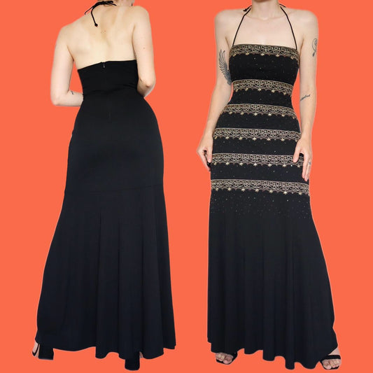 Stunning black & gold stretch evening dress UK 14