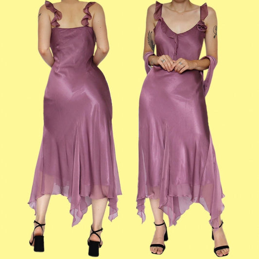 Purple chiffon frill midi dress with shawl UK 16