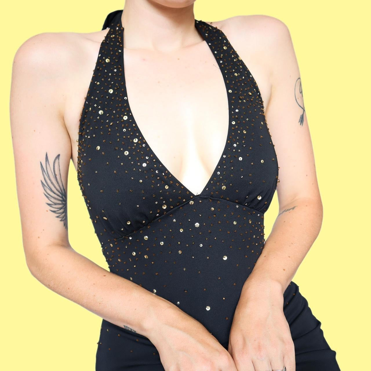 Chic black beaded sequin halter-neck evening dress UK 10