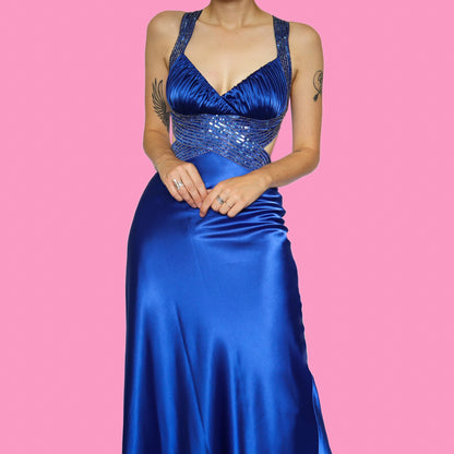 Electric blue satin sequin beaded evening dress UK 6