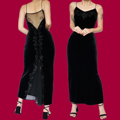 Petite black velvet stretch evening dress UK 8