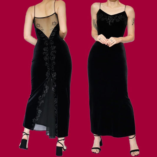 Petite black velvet stretch evening dress UK 8