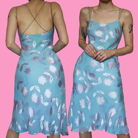 Cute blue silk blend floral slip dress UK 8-10