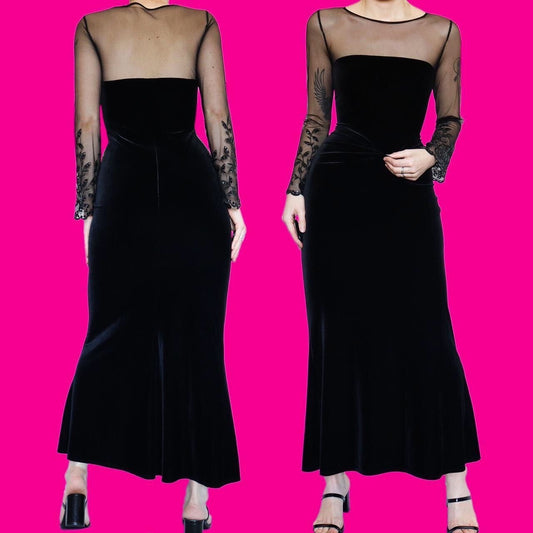 Chic black velvet stretch evening dress UK 14