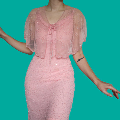 Cute baby pink Etam beaded 2 piece party dress UK 8