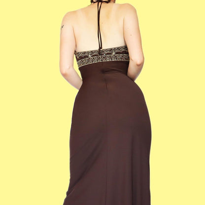 Brown stretch halter-neck evening dress UK 8