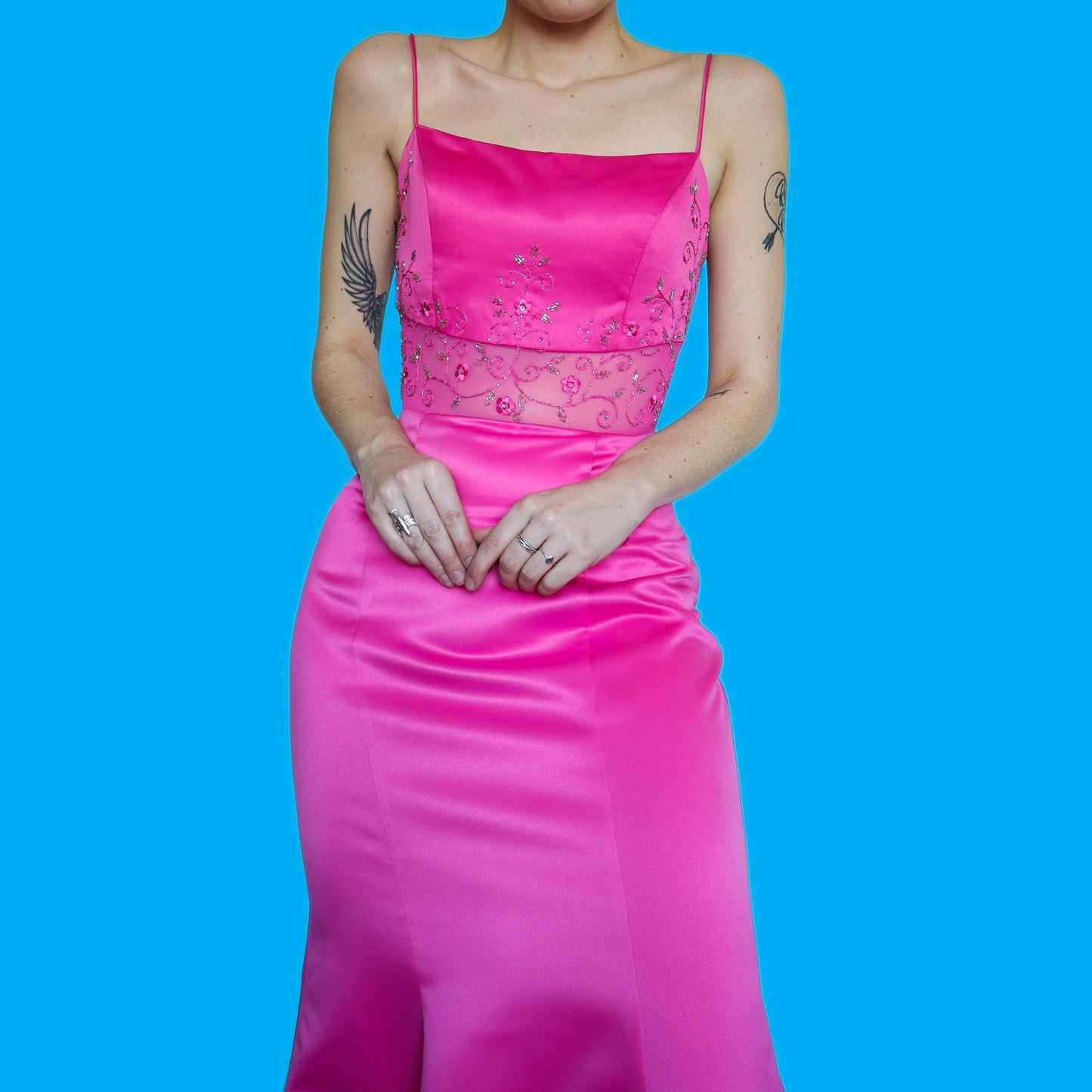 Stunning fuchsia pink sheer detail evening dress UK 12