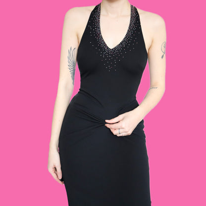Beautiful black stretch beaded evening dress UK 8