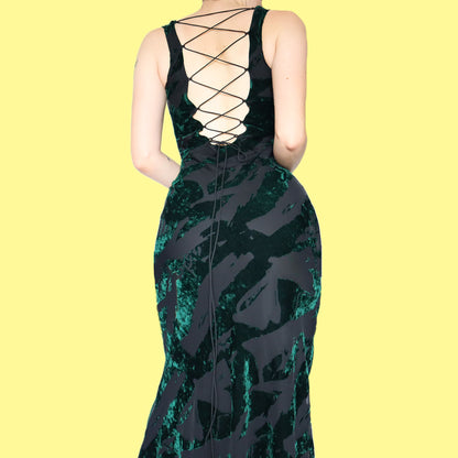 Beautiful green & black velvet devore evening dress UK 12