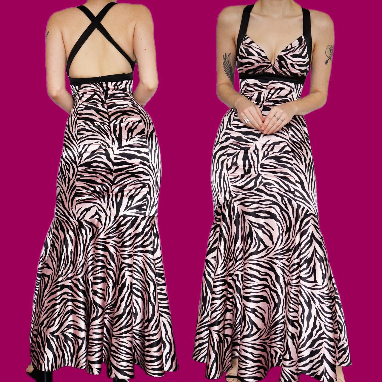 Funky zebra print pink/black fishtail evening dress UK 8