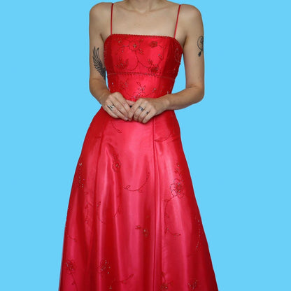 Red beaded a line prom dress UK 10