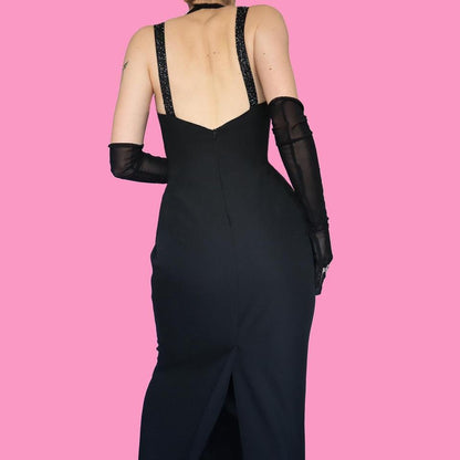 Black beaded fitted evening dress UK 14