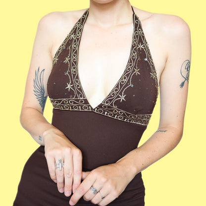 Brown stretch halter-neck evening dress UK 8