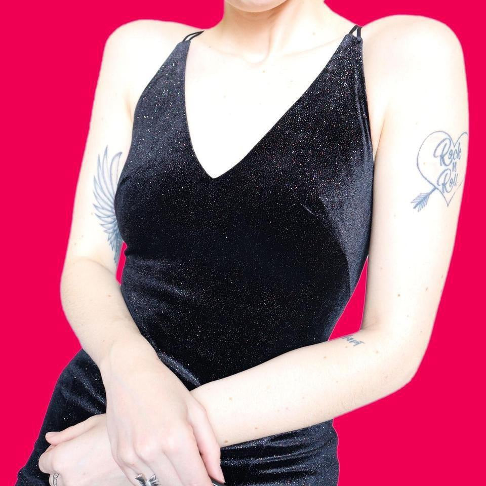 Black glittery velvet stretch evening dress UK 12