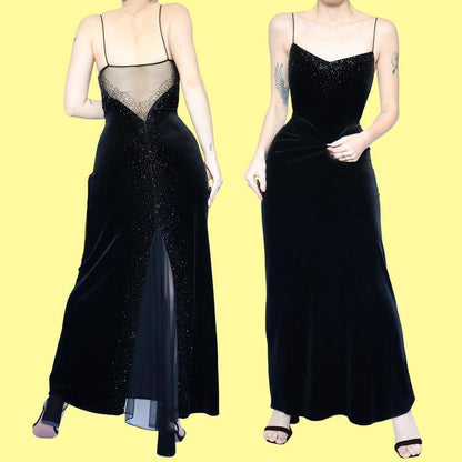 Black velvet beaded evening dress UK 8