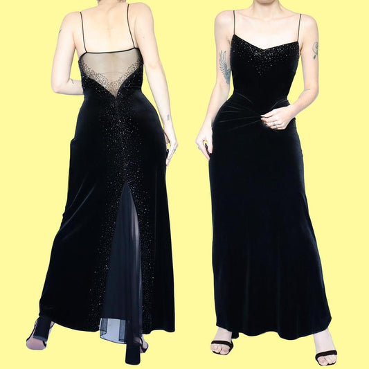 Black velvet beaded evening dress UK 8