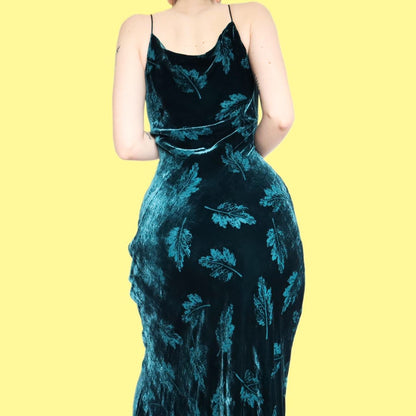 Beautiful silk blend teal leafy velvet slip dress UK 12