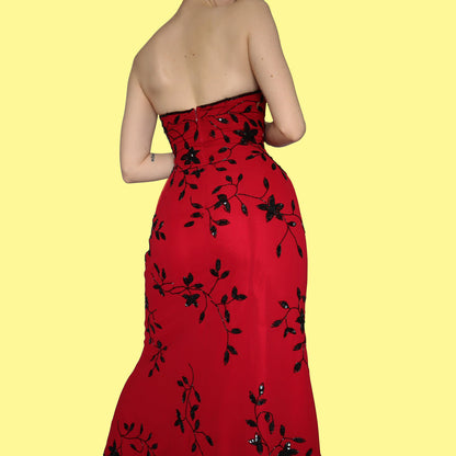 Red strapless sequin evening dress with shawl UK 10