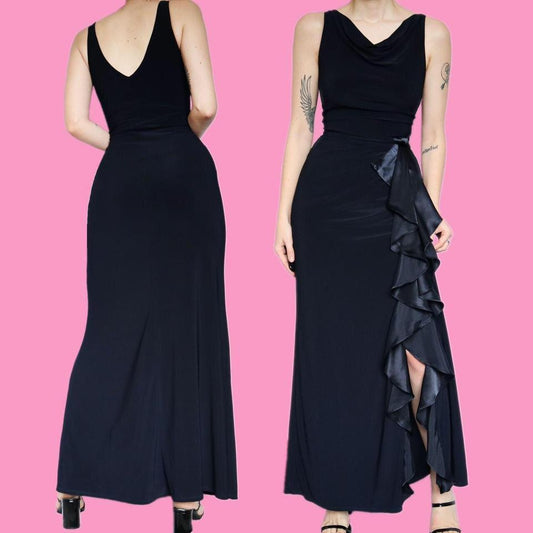 Navy stretch evening dress with satin frill UK 10