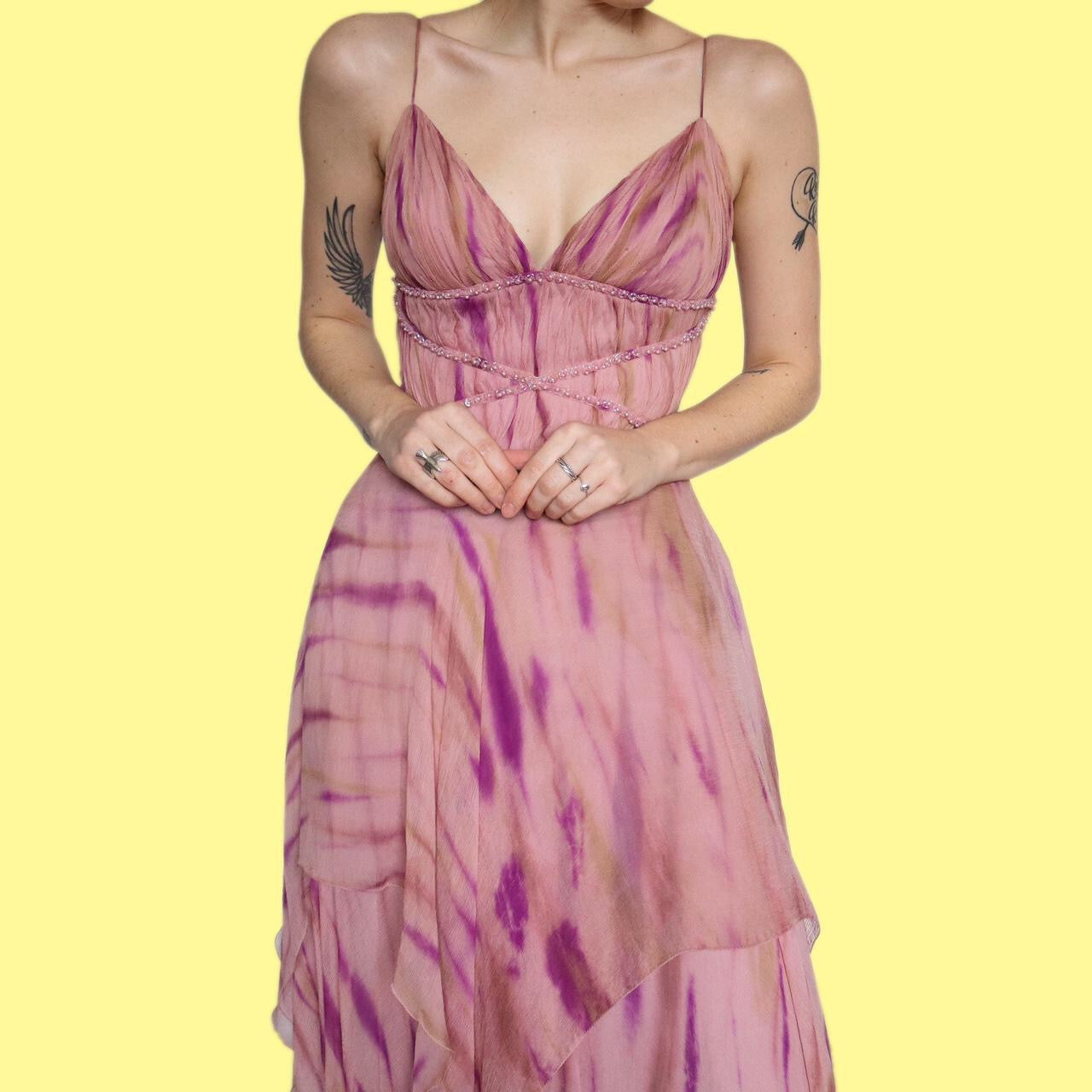 Stunning After Six petite 100% silk pink chiffon layered dress UK 12