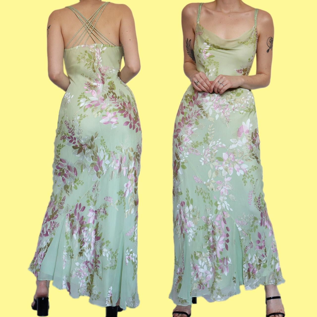 Beautiful pale green silk blend floral evening dress UK 16