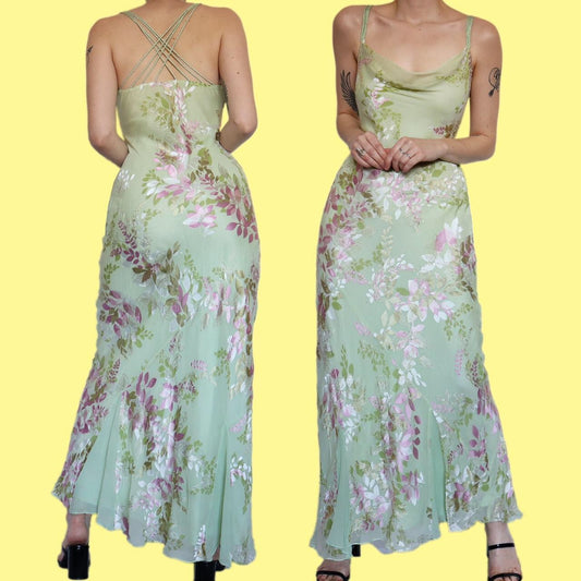 Beautiful pale green silk blend floral evening dress UK 16