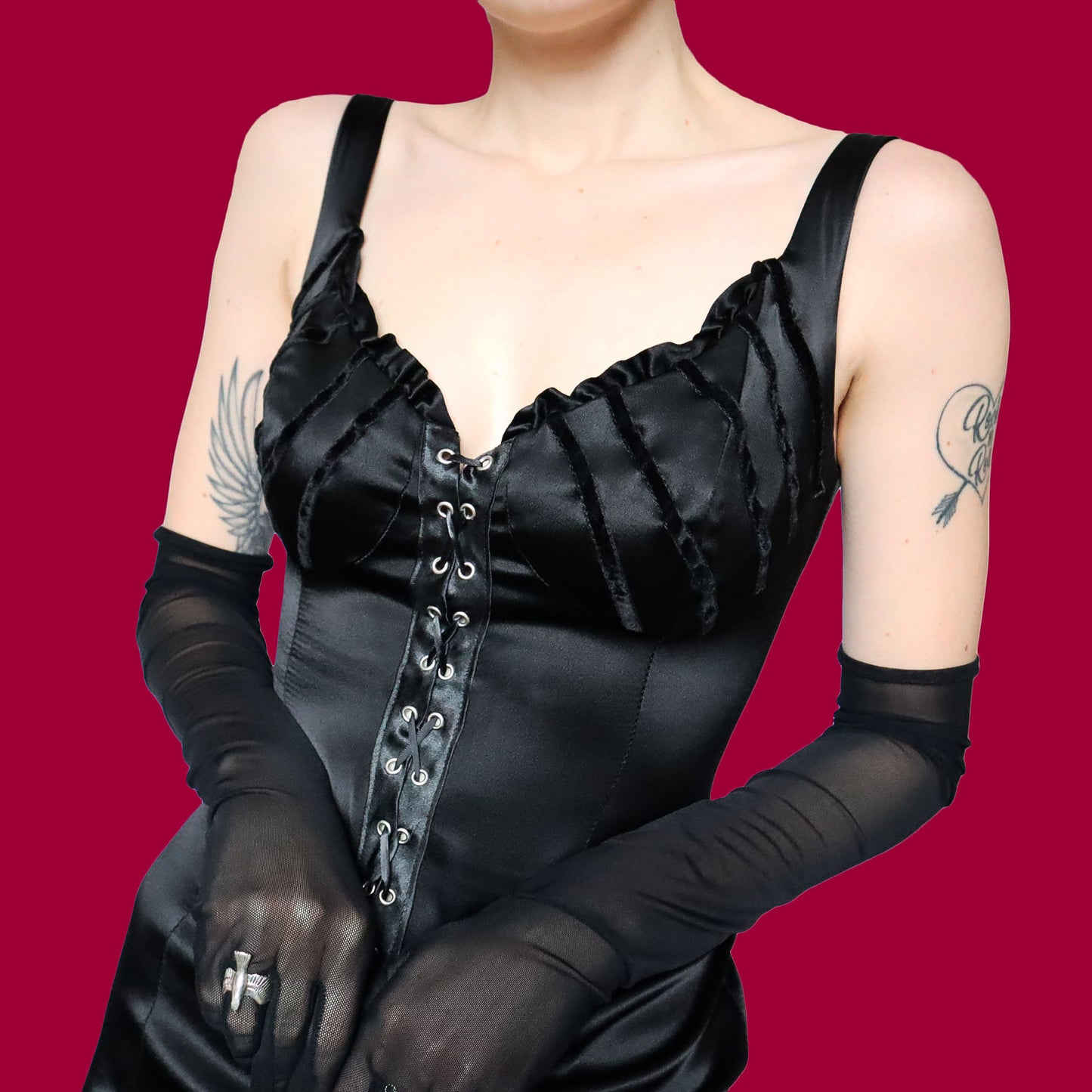 Black lace up front evening dress UK 12