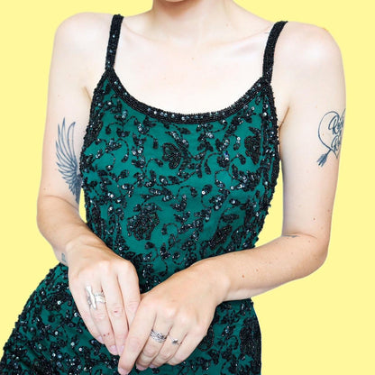 Green 100% silk beaded evening dress UK 12